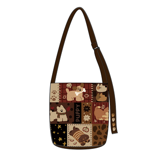 可爱小狗拼贴斜挎包大容量帆布包学生上课百搭单肩包带拉链Q358