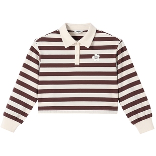 安奈儿童装女童翻领长袖POLO衫秋新款短款条纹甜美潮流时尚