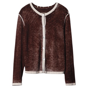 楠妈家 印染贝壳扣女士气质款圆领开衫春2026季款羊毛外套短款女