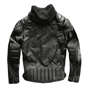 加厚头层牛皮机车夹克哈雷皮衣 拆卸帽立领短款秋冬男式真皮外套