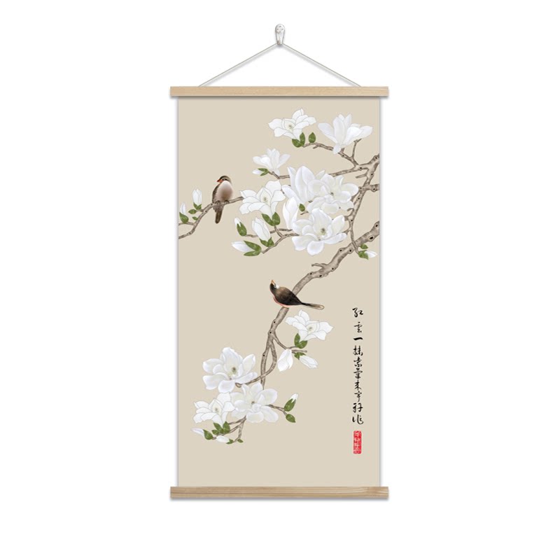 玉兰花花鸟图实木卷轴挂画