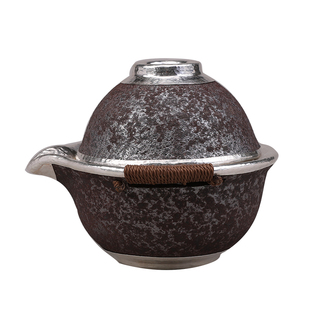 999纯银盖碗茶杯纯手工铁锈釉柴烧粗陶包银旅行泡茶功夫杯 一人游