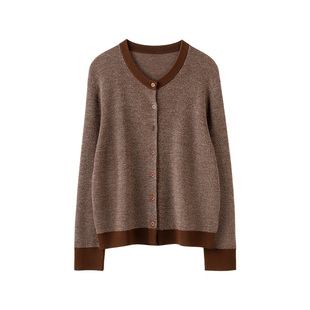 英伦高级感复古时尚开衫女100%羊毛精纺扬子纱拼色加厚针织衫外套