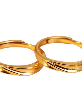 古法仿真黄金色沙金情侣对戒轻奢简约开口指环可调节戒指结婚首饰