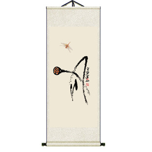 齐白石三联画卷轴装饰挂画丝绸礼品名家书画禅意字画沙发背景书房