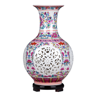 景德镇陶瓷器花瓶石榴瓶摆件青花瓷镂空中式家居客厅博古架装饰品