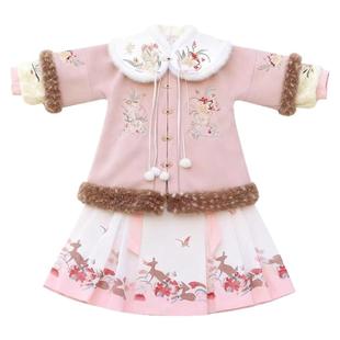 儿童中国风汉服冬装女童红色重工云肩古装拜年服春节套装加绒礼服