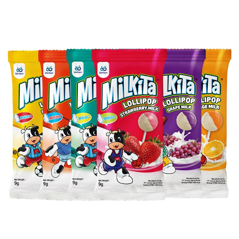 印尼进口Milkita优你康草莓牛奶双味哈密瓜棒棒糖儿童糖果零食
