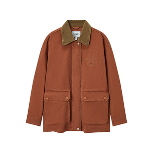 森马外套女中长款拼色灯芯绒翻领复古2025秋季刺绣宽松夹克时尚潮