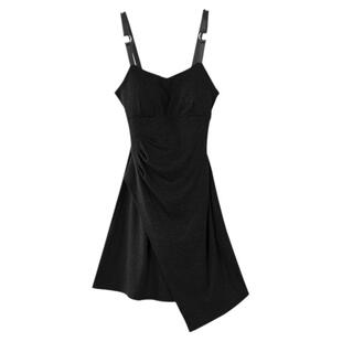 秋季新款内搭连衣裙中长款纯白修身显瘦带胸垫纯色不规则吊带裙子