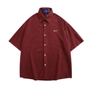 HTTAOSUP丝绒简约街头设计感短袖衬衫男夏季复古宽松休闲百搭衬衣