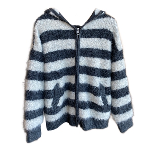 AMR UU◆韩系时髦 慵懒风条纹连帽拉链毛衣开衫外套女新款秋冬季