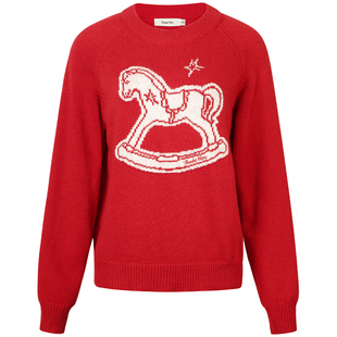 GUUKAHERO圣诞新年圆领红色毛衣女 木马提花秋冬绵羊毛针织衫上衣