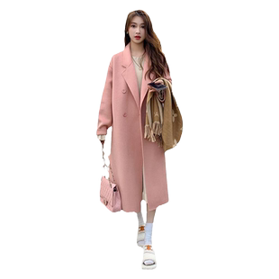 粉色双面绒毛呢大衣女2024秋冬新款韩版宽松中长款赫本风毛呢外套