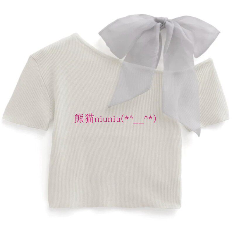 薄纱蝴蝶结单肩系带罗纹针织衫