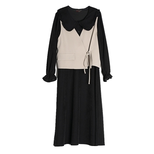 大码女装两件套装长款磨毛连衣裙气质休闲马甲显瘦胖mm秋冬季新款