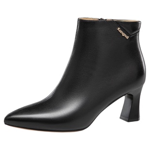 康奈女鞋新款走路不累脚舒适百搭纯色系带尖头中跟短靴11156330