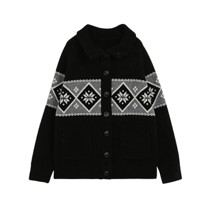 BLANK LABEL100羊毛加厚提花针织衫女秋冬季新款开衫毛衣慵懒外套