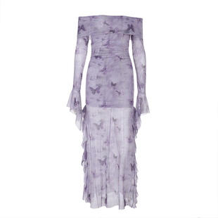 小可wiwi气质网纱蝴蝶印花连衣裙女紫色性感海边修身鱼尾礼服长裙