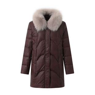 中年妈妈皮羽绒服中长款洋气真毛领宽松冬季老年人女白鸭绒PU皮袄