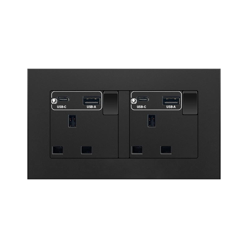 香港13A通用多功能/英标带USB-C快充菲士插开关墙面插座暗装黑色