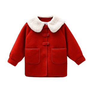 玛米玛卡女童红色外套2025冬中大童保暖加厚呢大衣过年拜冬年服装