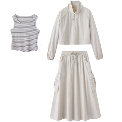 套装春季立领短外套条纹背心