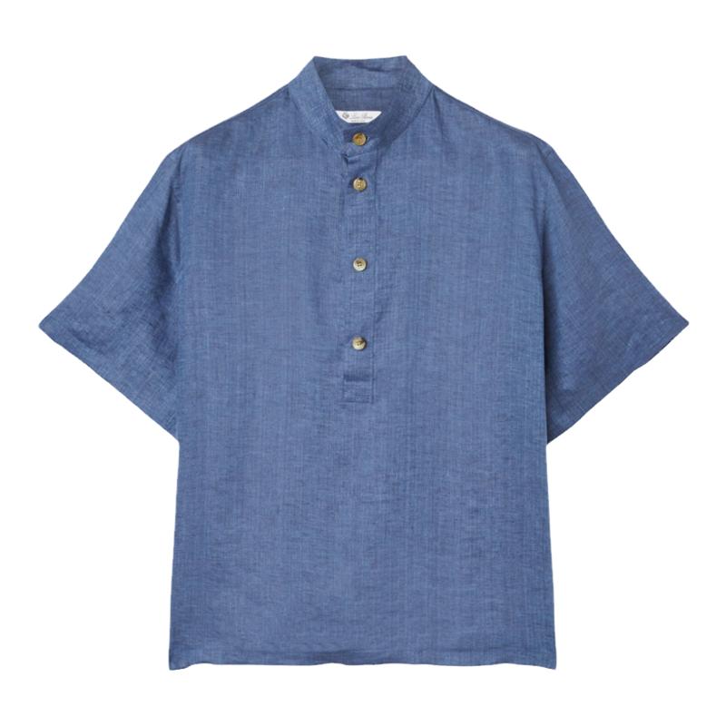 Loro Piana/诺悠翩雅男装蓝色宽松亚麻短袖休闲衬衫