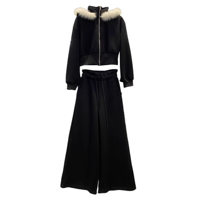 高级感灰色卫衣套装女春秋新款韩系毛领连帽拉链外套阔腿裤两件套