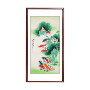 荷花九鱼图水墨画连年有余纯手绘国画中式装饰画入户玄关竖幅挂画