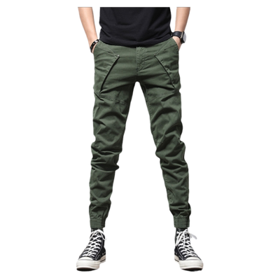 春秋军绿个性拼接长裤多袋休闲时尚牛仔裤男修身束脚青年工装裤潮