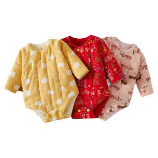 婴儿宝宝纯棉花手工长袖三角哈衣新生儿加厚连体睡衣爬爬服包屁衣