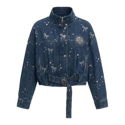 TCH蝴蝶结烫钻复古做旧蓝立领收腰设计感牛仔短外套女T78A06E1002