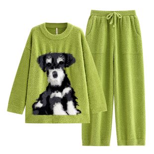 悦内半边绒睡衣女秋冬款冬季珊瑚绒保暖加厚加绒毛绒家居服多巴胺