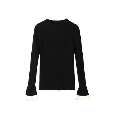 黑色撞色喇叭袖针织衫女法式法式