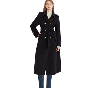 DPLAY年冬季新款藏青色大衣女100羊毛长款双面呢子毛呢外套