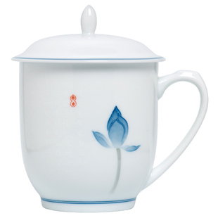 千红窑毛瓷杯釉下彩手绘荷花办公杯陶瓷带盖水杯薄胎茶杯礼品