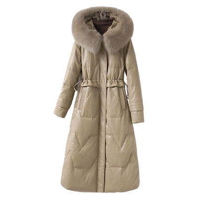 羊皮羽绒服中长连帽狐狸毛领气质