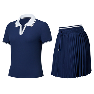 绝美网球裙运动短袖女polo领羽毛球服夏季健身假两件防走光百褶裙