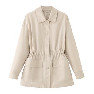 艾格2025秋季高级感风衣女大口袋翻领单层薄款韩版外套中长款上衣