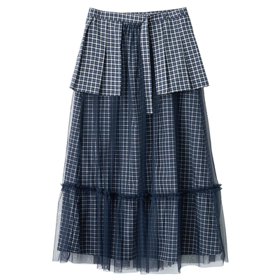 配腰封格纹网纱半裙2026春季新款