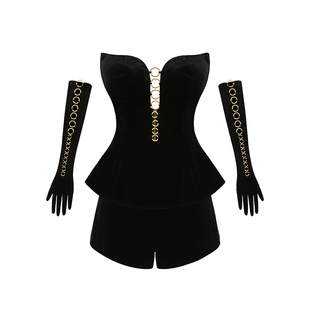 [甄选4折]NanaJacqueline明星同款丝绒套装女金属环抹胸镂空短裤