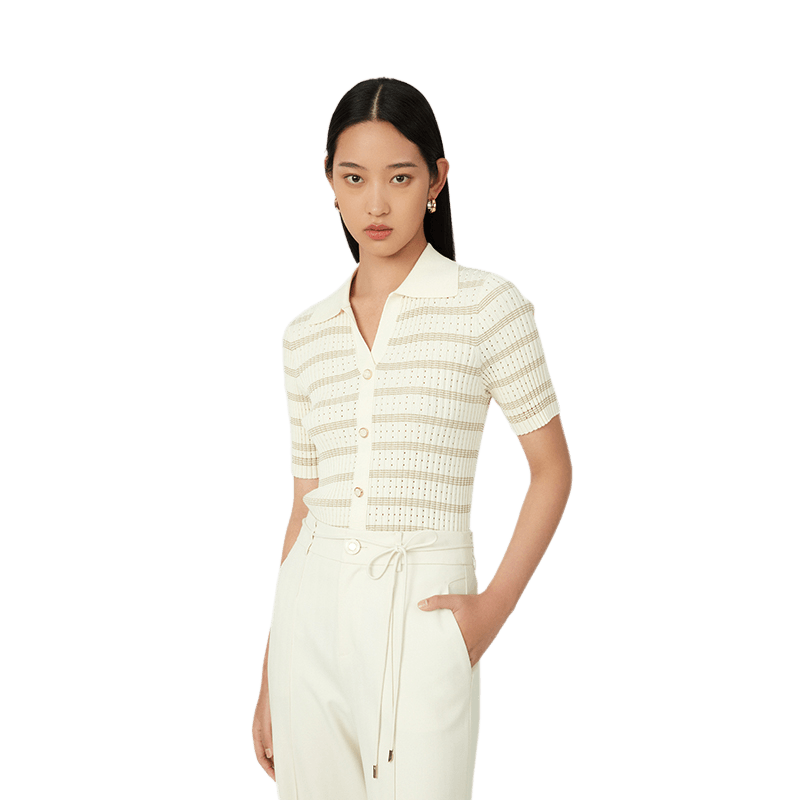 CONATUS/珂尼蒂思POLO领针织衫春季新款遮肉条纹时尚上衣女