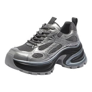 骆驼女鞋2026春夏厚底银色老爹鞋女百搭时尚休闲运动鞋