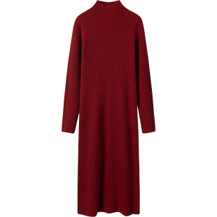 牧绒飞怒吼推荐篙质感！金线红色高领羊绒连衣裙女羊绒衫长款毛衣