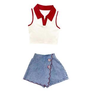 女童套装2025夏季新款韩版女宝polo领无袖背心洋气牛仔裙裤两件套