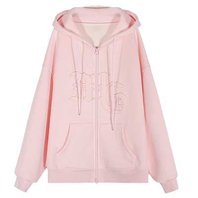 落落狷介粉色连帽加绒卫衣女