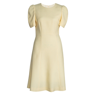 罗衣知性泡泡袖浅黄色收腰大摆连衣裙女夏气质肌理感中长裙08605