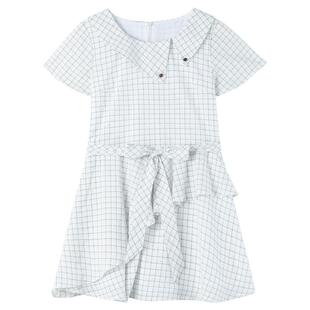 KEIKO 智性甜美白色格子娃娃领连衣裙夏季不规则气质荷叶边衬衫裙