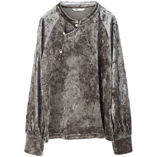 《告别款169》新中式老钱风丝绒衬衫改良长袖中式立领衬衣女24015